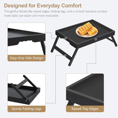 Bamboo Breakfast Trays with Folding Legs, Medium, 2-Pack, Black