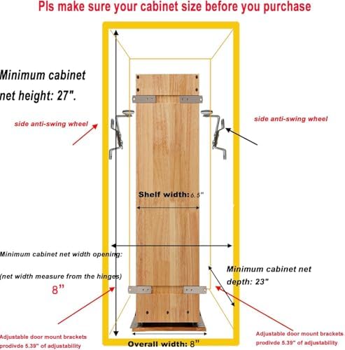 DINDON Pull Out Spice Rack Organizer for Cabinet, (6.5" W x 21.9" D x 25.2" H) Multi-Use Wood Pull Out Cabinet Organizer Slide Out Shelf Cabinet Storage for Kitchen, Pantry Organization