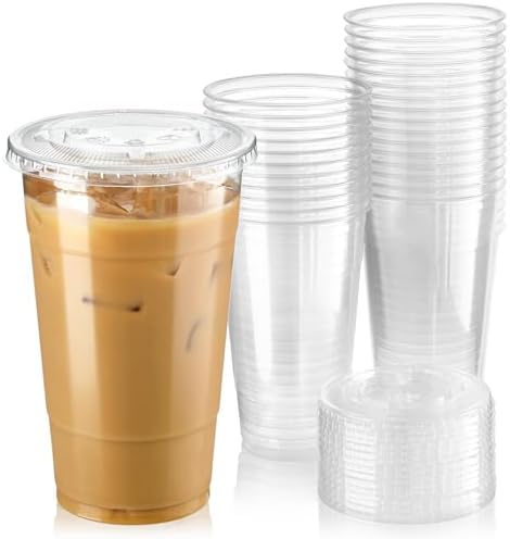 Fit Meal Prep 50 Pack 24 oz Clear Plastic Cups with Flat Lids, Disposable Iced Coffee Cups, BPA Free Premium Crystal Smoothie Cup for Party, Lemonade Stand, Cold Drinks, Juice, Milkshake