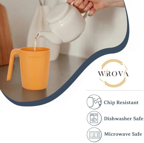 Wrova 16oz Wheat Straw Cups with handles set of 6-Plastic Cups Reusable-Unbreakable Kids Mugs-Dishwasher Safe & Microwave Safe-Ideal Mugs for Tea,Coffee,Camping,RV-Banana Yellow