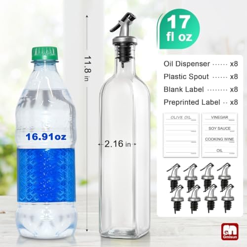 gmisun Olive Oil Dispenser Bottle for Kitchen, 8 Pack 17 Fl Oz Glass Oil Dispensers Bottles, Clear Cooking Vegetable Oil Dispenser Container Cruet Set with Plastic Pourer Spout, Funnel and Labels