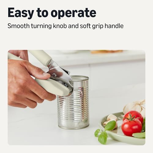 Amazon Basics Manual Can Opener with Stainless Steel Construction, Soft Grip Handle, Dishwasher Safe, Linen Gray