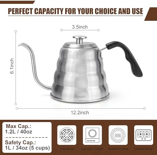 Tea Kettle For Stovetop,Gooseneck Pour Over Kettle,Thermometer,40oz,Silver