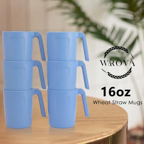 Wrova 16oz Wheat Straw Cups with handles set of 6-Plastic Cups Reusable-Unbreakable Kids Mugs-Dishwasher Safe & Microwave Safe-Ideal Plastic Mugs for Tea,Coffee,Camping,RV-Sky Blue