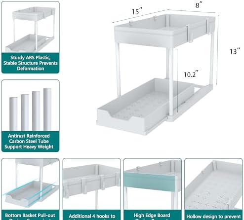 DEKAVA Cabinet, 2 Pack Under Sink Organizer, 2 Tier Sliding Bathroom Kitchen Organizer, Large White ABS Baskets, Easy Install & Clean