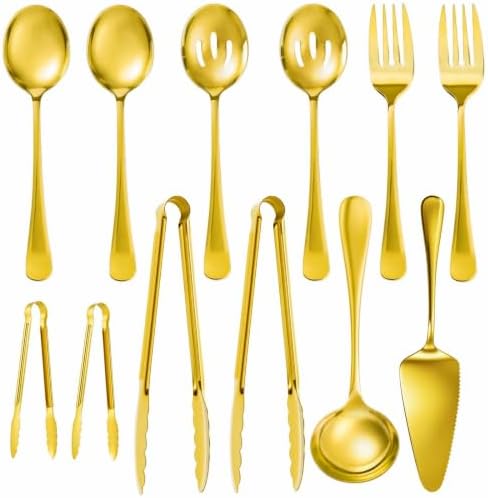 Artcochan 12 PCS Gold Serving Utensils, Stainless Steel Set Includes Large Serving Spoons, Slotted Spoons, Ladle, Forks, Tongs, Appetizers Tongs and Cake Server for Buffet Party Catering