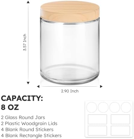 2 Pack 8 OZ Glass Jars with Plastic Woodgrain Lids & Inner Liners