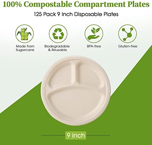 ECOLipak Compostable Disposable 3 Compartment Paper Plates, 9 inch, Nature