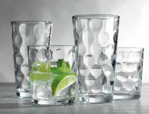 Home Essentials Drinking Glasses Set of 16, 8 Highball Glasses -17 oz., 8 Rocks Whiskey Glass Cups 13 oz., Inner Circular Lensed Glass Cups.