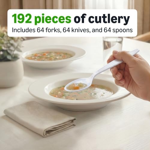 Amazon Basics Disposable Everyday White Assorted Cutlery Set, 192 Count, Combo Pack, Forks, Spoons, and Knives