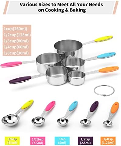 Joyhill Stainless Steel Measuring Cups and Spoons Set of 10 Piece, Nesting Metal Measuring Cups Set with Soft Touch Silicone Handles for Dry and Liquid Ingredients, Cooking & Baking (Colorful)