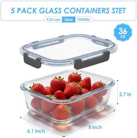 5-Pack 36oz Glass Food Storage Containers with Lids, Grey