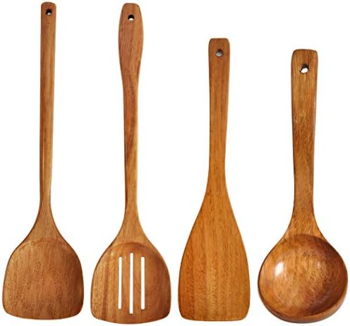 Wooden Spatula,Slotted Turner,Soup Ladle,Long Handle Utensils Set,Handmade for Kitchen Cookware (Wooden Utensil 4 Sets)