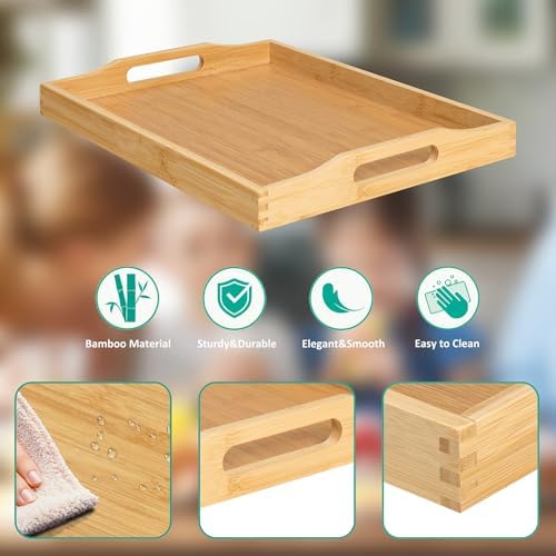RRX Bamboo Food Serving Tray with Handles,Breakfast Bed Tray (Beige)