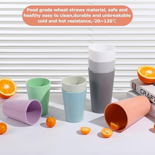 HEYCOME Set of 16 Wheat Straw Cups, 8 Pcs 20 oz & 8 Pcs 12 oz Unbreakable Drinking Cups, Reusable Plastic Cups Sets, Water Glasses Tumblers, Microwave & Dishwasher Safe, Bpa Free, 8 Colors