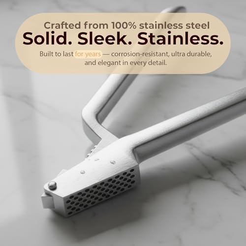 No Peeling Required, 100% Stainless Steel Garlic Press – Odor-free Cleaning, Rust Proof, Detachable Handle, Fine Mincer, 5 years Guarantee, Dishwasher safe garlic crusher tool, Moledor de ajo