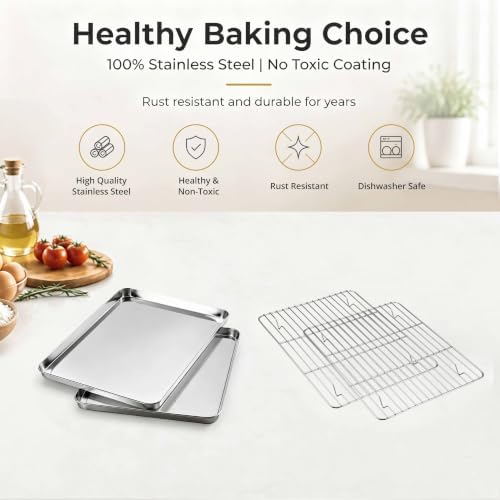 Onader Baking Sheet with Cooling Rack Set, 9¼ x 7 Inch Small Cookie Sheets for Baking, Stainless Steel 1/8 Sheet Pan and Wire Rack Set, Metal Toaster Oven Pan Tray, 1 Pan + 1 Rack