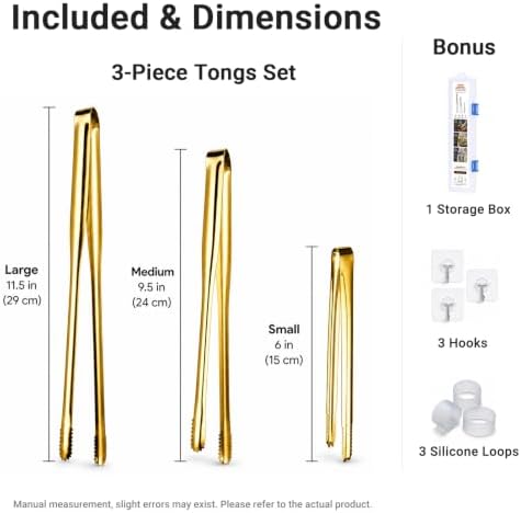 Stainless Steel Kitchen Tongs Set of 3, 6-11.5in Non-Slip Gold
