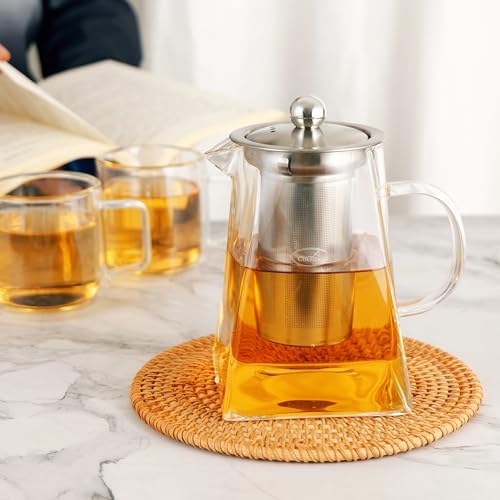 CNGLASS Glass Teapot with Infuser,31oz Clear Glass Tea Kettle with Removable Stainless Steel Strainer,Stovetop Safe Glass Teapot for Blooming and Loose Leaf Tea…