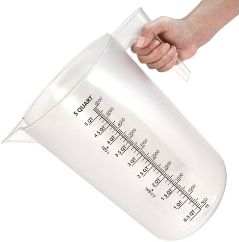 1 Gallon / 5 Quart / 5000 ml Large Plastic Measuring Pitcher with Handle, Clear Heavy Duty Mixing Pitcher with mL/QT/GAL Markings for Garden, Pool Chemicals, Motor Oil & Kitchen
