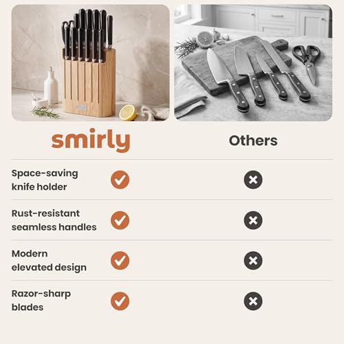 SMIRLY 14-Piece Kitchen Knife Set with Block, Razor-Sharp, Black