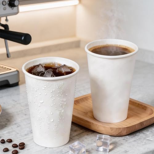 MOUMOULIFE Disposable Paper Coffee Cups 16 oz 100 Count, Leak-Proof White Hot/Cold Cups for Coffee Tea Water, Ideal for Home Office Daily Use & Small Gatherings