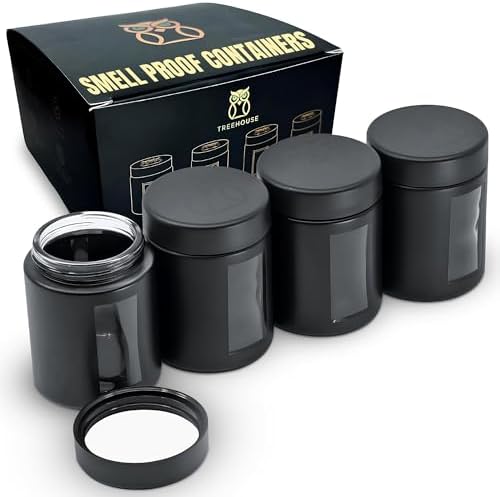 Treehouse Smell Proof Containers (120mL), Jars with Airtight Lids for Herbs, Spices, Coffee and Tea, Air Tight Glass Storage Jars with UV Protection Glass, (Set of 4) (Matte Black)