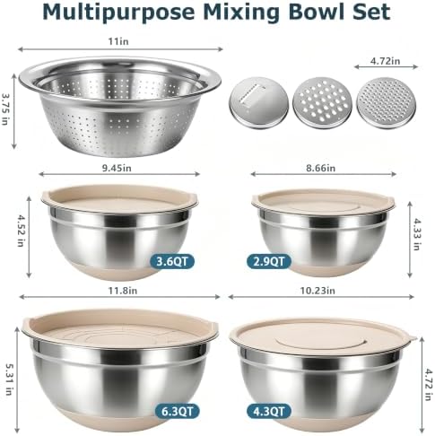 Stainless Steel Mixing Bowl Set with Lids, Non-Slip Silicone Base