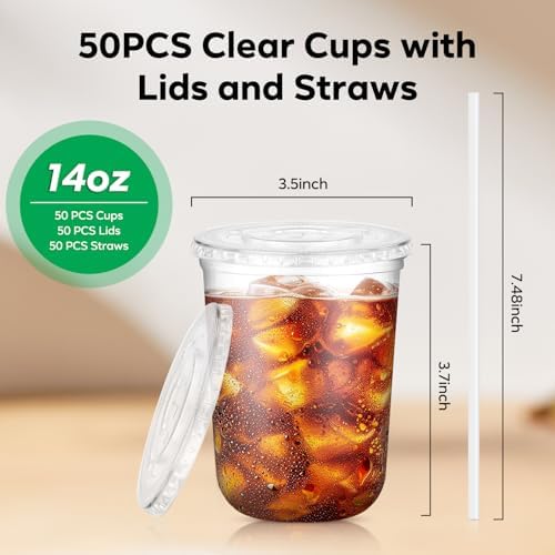 50 Pack 14 oz Iced Coffee Cups with Lids and Straws, Disposable Clear Cups