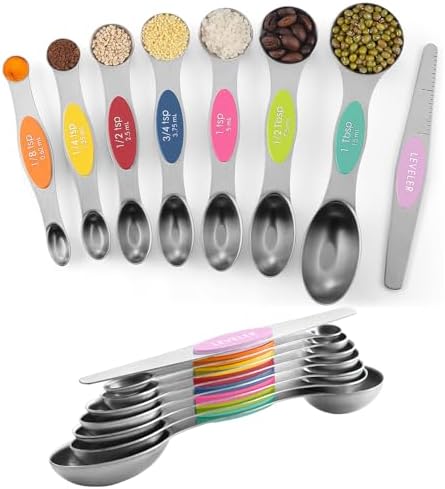 ChefAide Set of 8 Magnetic Measuring Spoons, Stainless Steel, Dual Sided