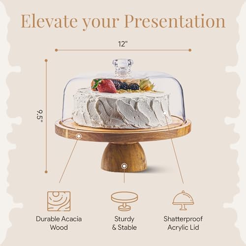 HOMESPHERE Wood Cake Stand with Lid, 2-in-1 Charcuterie Board, Round dome