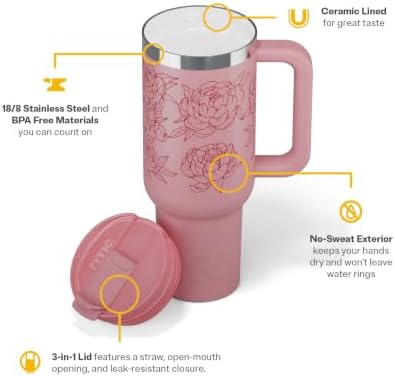 RTIC 40oz Road Trip Tumbler, Insulated, Ceramic Lined, Pink Peonies