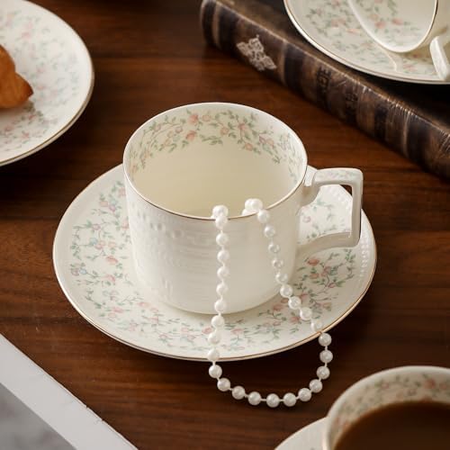 Country Roses Porcelain Tea Cup and Saucer Set with Gold Trim, Vintage Style, For Women and Tea Parties (1, G)