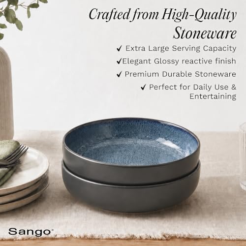 Sango Resona Blue & Black Large Serving Bowl (Set of 2), 64.25 oz, 10" Stoneware Bowls for Pasta, Salad & Dinner, Ceramic Bowls for Entertaining with Glossy Reactive Glaze, Dishwasher & Microwave Safe