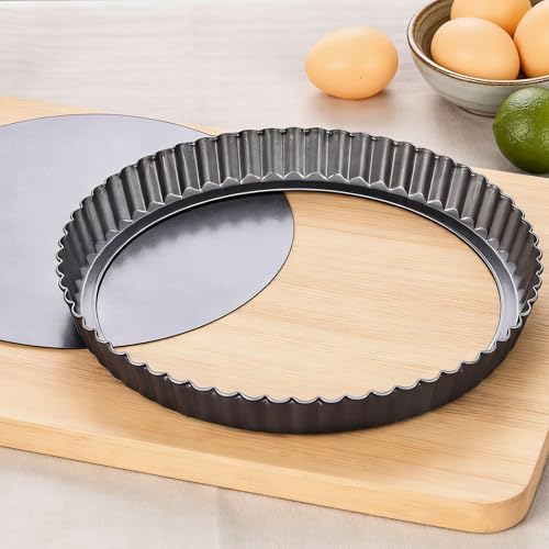 10 Inch Nonstick Tart Pan with Removable Bottom, Carbon Steel Quiche and Pie Pan- 1.1-Inch Depth, Fluted Edges for Baking Tarts, Quiches, Mousse Cakes, and Desserts