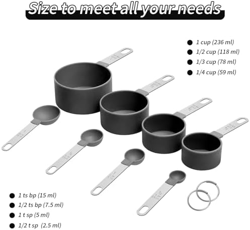 Measuring Cups Set Measuring Spoons Set, Nesting Measure Cups with Stainless Steel Handle, For Measuring Dry and Liquid Ingredients Small Teaspoon with Plastic Head (Black)