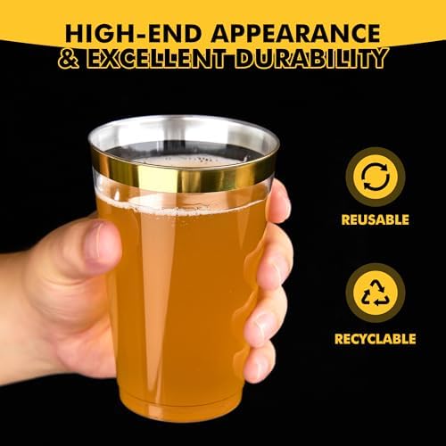 RACETOP 100 Pack 14 oz Gold Rimmed Plastic Cups