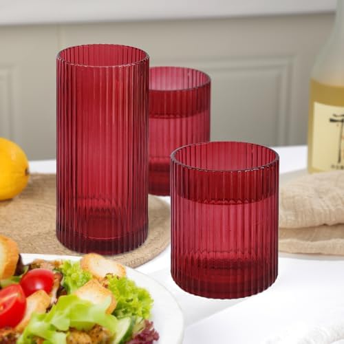 Ribbed Drinking Glasses 8pcs, 12oz and 10oz Glassware, Tumbler Glasses Cup Set for Wedding, Party, Christmas Gift, Red
