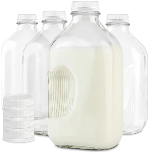 Stock Your Home Half Gallon Glass Milk Bottle with Lid (4 Pack) 64 Oz Jugs and 8 White Caps, Reusable Food Grade Milk Container for Refrigerator, Bottles for Juice, Oat or Plant Milks, Water, Honey