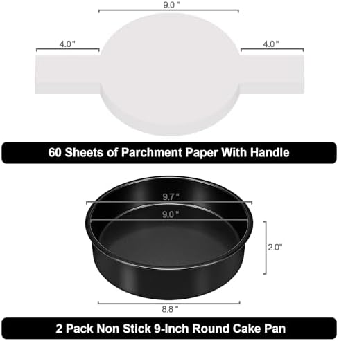 9 Inch Round Cake Pan, 2PCS Cake Pans 9 Inch Round with 60 Parchment Paper
