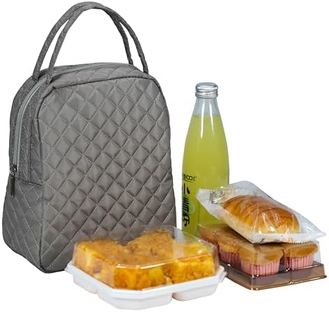 Machine Washable Women Quilted Fabric Insulated Reusable Cooler Lunch Bag Tote Adult Thermal Lunch Box Storage Bag for Ｗork (Grey)