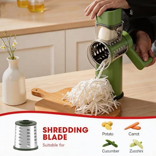 Rotary Cheese Grater Hand Crank with Foldable Handle, Three Blades