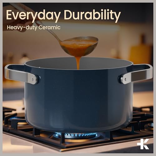 Bakken 3 Quart Ceramic Coated Stock Pot with Lid, Easy to Clean Nonstick Pot, Tempered Glass Lid, Riveted Stainless Steel Handles, Oven Safe Up To 500°F, PTFE & PFAS Free, All Stove Compatible, Blue