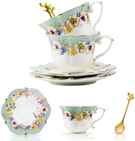 TATSUMI Country Roses Bone China Tea Cup and Saucer Set, 6 Pieces, Vintage Style, For Women and Tea Parties(Dutch Blue,2 Sets)
