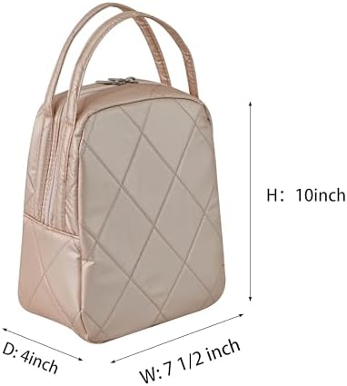 Machine Washable Women Quilted Fabric Insulated Reusable Cooler Lunch Bag Tote Adult Thermal Lunch Box Storage Bag for Ｗork (Champagne)