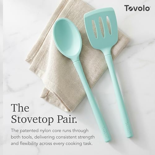 Tovolo Flex-Core Set of 2 Silicone Kitchen Utensils, Slotted Turner Spatula and Deep Spoon, BPA-Free Dishwasher Safe Heat Resistant Cooking Tools, Aqua Seafoam Green