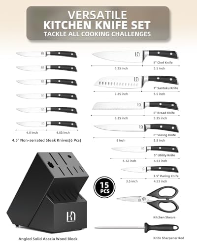 KnifeSaga Knife Set 15 Pcs High Carbon Stainless Steel Kitchen Knife Sets with Block & Sharpener, Premium Razor-Sharp Black Knives Block Set for Kitchen, Ergonomic Full-Tang Handle