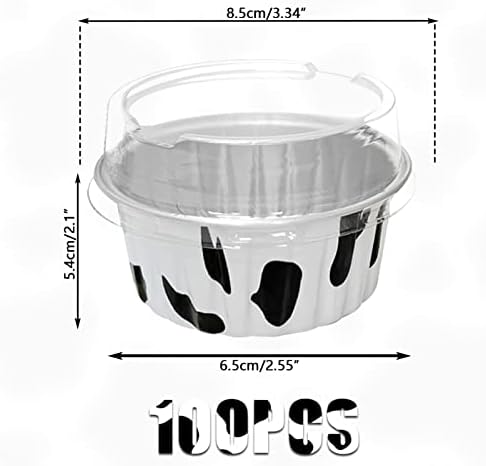 100Pcs Aluminum Cups with Lids,5oz Disposable Ramekin Baking Cups Muffin Liners Mini Pie Pans Foil Cupcake Containers for Christmas Party Wedding Party,Cow Print