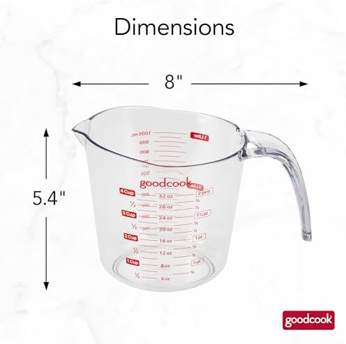 GoodCook Everyday 4-Cup Liquid Measuring Cup, Clear Plastic with Easy-to-Read Markings, Tapered Pour Spout, Comfortable Handle, Measures in Cups, Ounces, Pints, and Milliliters