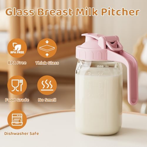 32 oz Breast Milk Pitcher, Glass Mason Jar Pitcher with Lid